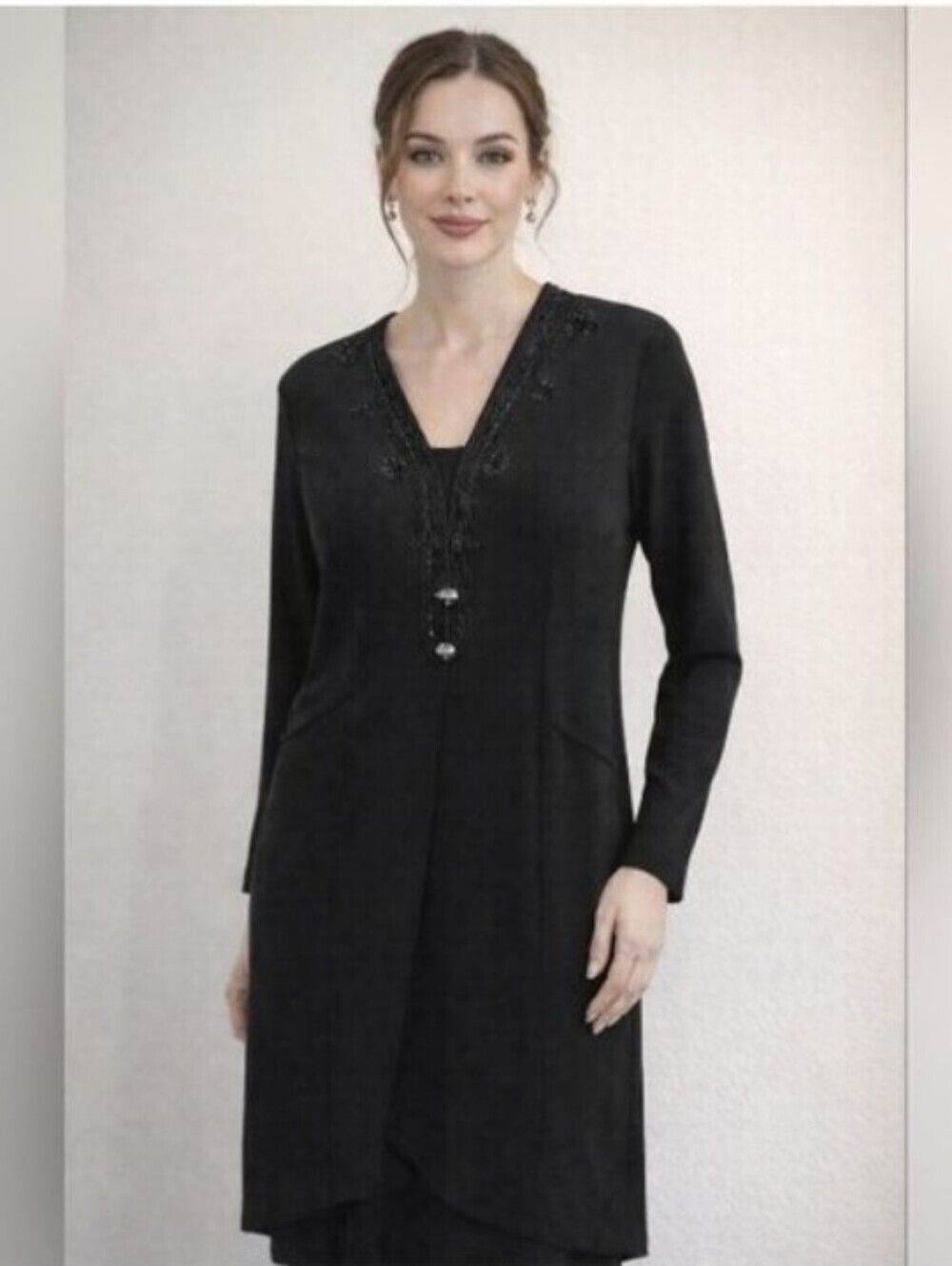 Julian Taylor Elegant Black Long Sleeve Midi Jacket Dress With Beaded Accents